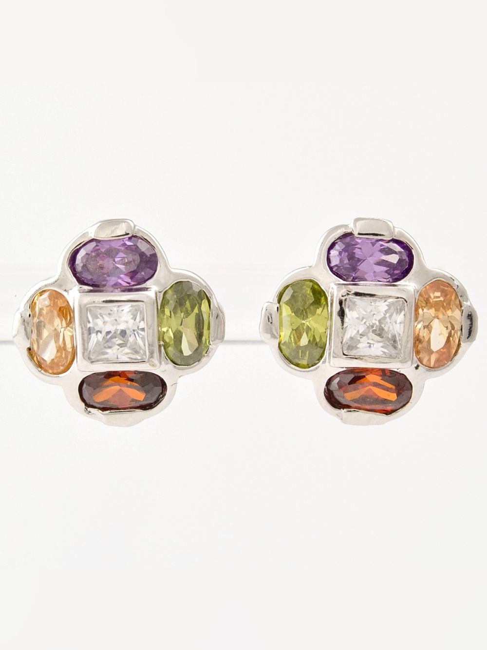Estate Multicolor Cubic Zirconia Sterling Silver Stud Earrings Quatrefoil Clover